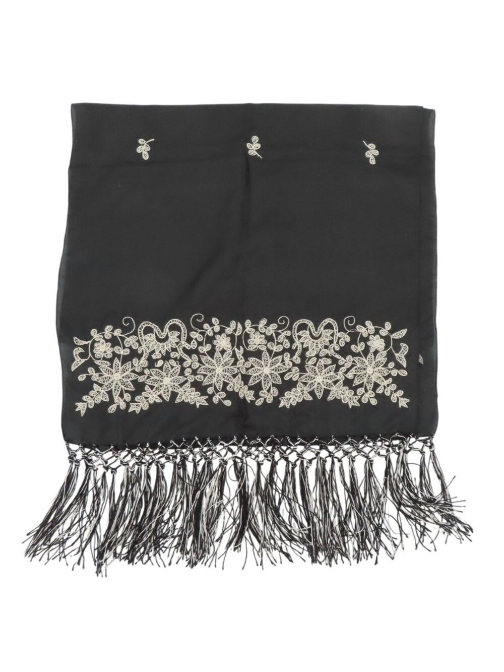 April Cornell Black Cream Embroidered Floral Flower Fringe All Silk Scarf Wrap